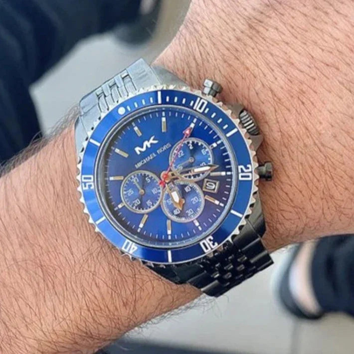 Michael Kors Bayville Chronograph Blue Dial Grey Steel Strap Watch