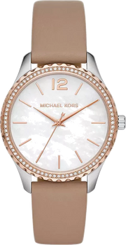 Michael Kors Layton Mother of Pearl White Dial Brown Leather Strap Watch For Women - MK2910