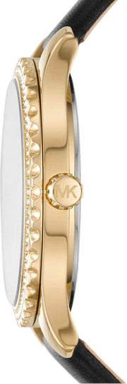 Michael Kors Layton Three Hand Mother of Pearl Black Dial Black Leather Strap Watch For Women - MK2911