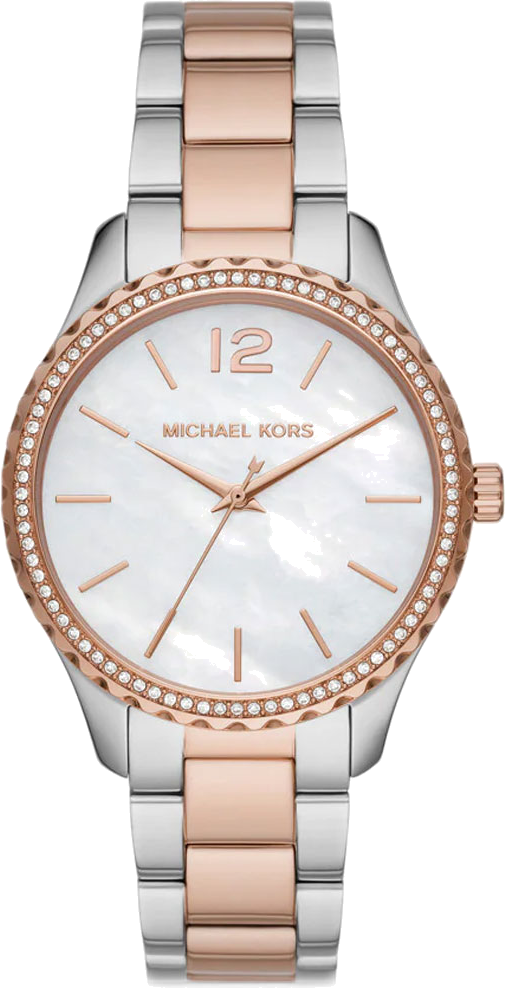 Michael Kors Layton Three Hand Mother of Pearl White Dial Two Tone Steel Strap Watch For Women - MK6849