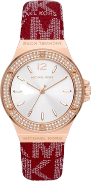 Michael Kors Lennox Three Hand Silver Dial Red Leather Strap Watch For Women - MK7308