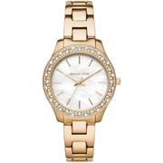 Michael Kors Liliane Mother of Pearl White Dial Gold Steel Strap Watch For Women - MK4555