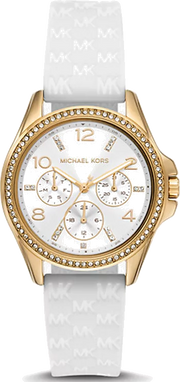 Michael Kors Mini Pilot Quartz Silver Dial White Silicone Strap Watch For Women - MK7372