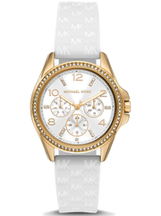 Michael Kors Mini Pilot Quartz Silver Dial White Silicone Strap Watch For Women - MK7372