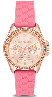 Michael Kors Mini Pilot Quartz Rose Gold Dial Pink Silicone Strap Watch For Women - MK7375