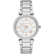 Michael Kors Parker Three Hand Mother of Pearl White Dial Silver Steel Strap Watch For Women - MK4694