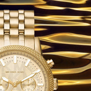 Michael Kors Hutton Chronograph Gold Dial Gold Steel Strap Watch For Men - MK8953