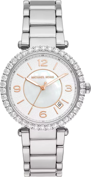 Michael Kors Parker Three Hand Mother of Pearl White Dial Silver Steel Strap Watch For Women - MK4694