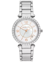 Michael Kors Parker Three Hand Mother of Pearl White Dial Silver Steel Strap Watch For Women - MK4694