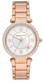 Michael Kors Parker Three-Hand Mother of Pearl White Dial Rose Gold Steel Strap Watch For Women - MK4695