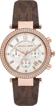 Michael Kors Parker Chronograph White Dial Brown Leather Strap Watch For Women - MK6917