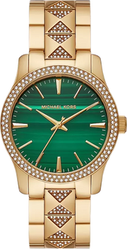 Michael Kors Runway Three Hand Green Dial Gold Steel Strap Watch For Women - MK7390