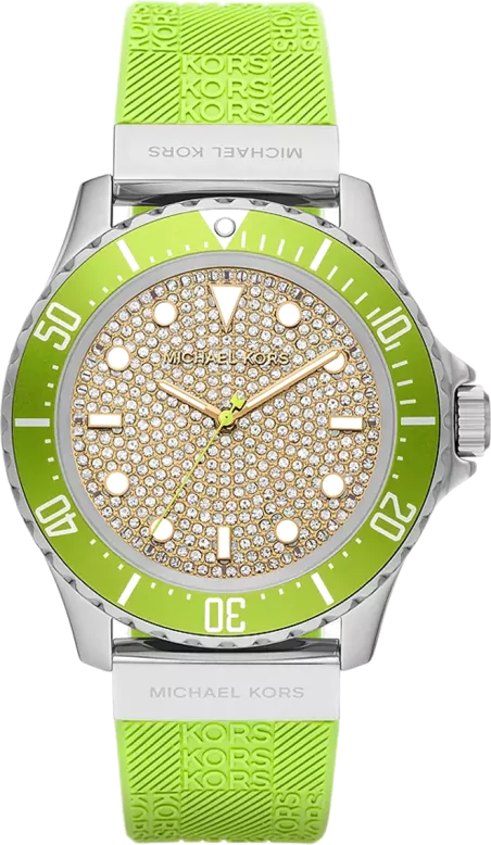 Michael Kors Everest Three Hand Crystals Silver Dial Green Silicone Strap Watch For Women - MK7360