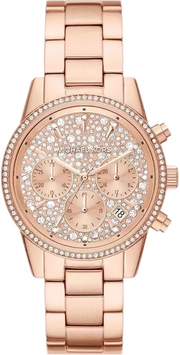 Michael Kors Ritz Chronograph Rose Gold Dial Rose Gold Steel Strap Watch For Women - MK7302