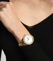 Michael Kors Liliane Mother of Pearl White Dial Gold Steel Strap Watch For Women - MK4555