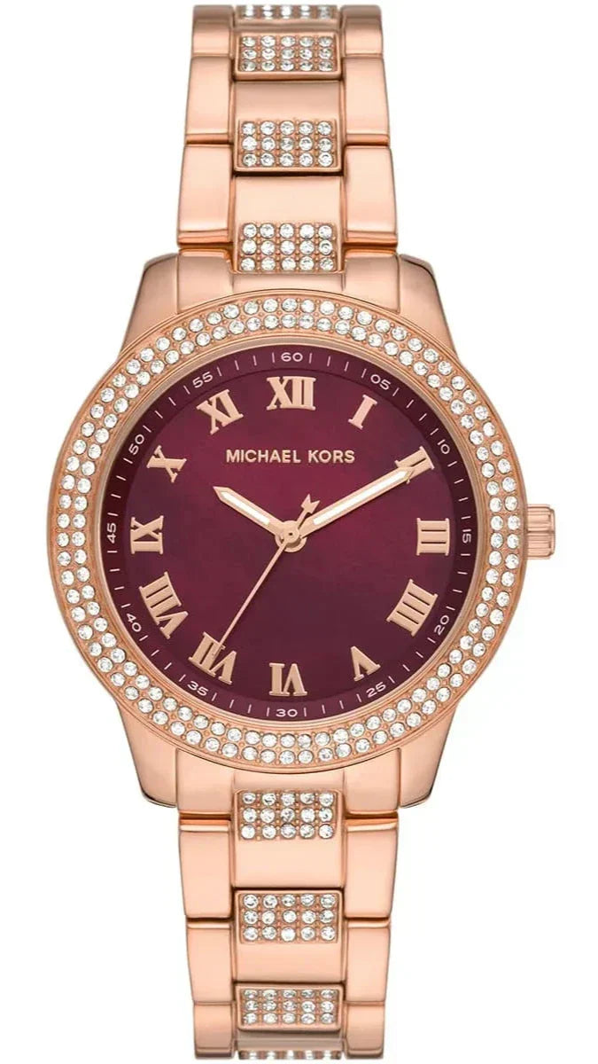 Michael Kors Tibby Multifunction Crystals Maroon Dial Rose Gold Steel Strap Watch for Women - MK4685