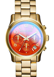 Michael Kors Runway Iridescent Pink Dial Gold Steel Strap Watch for Women - MK5939