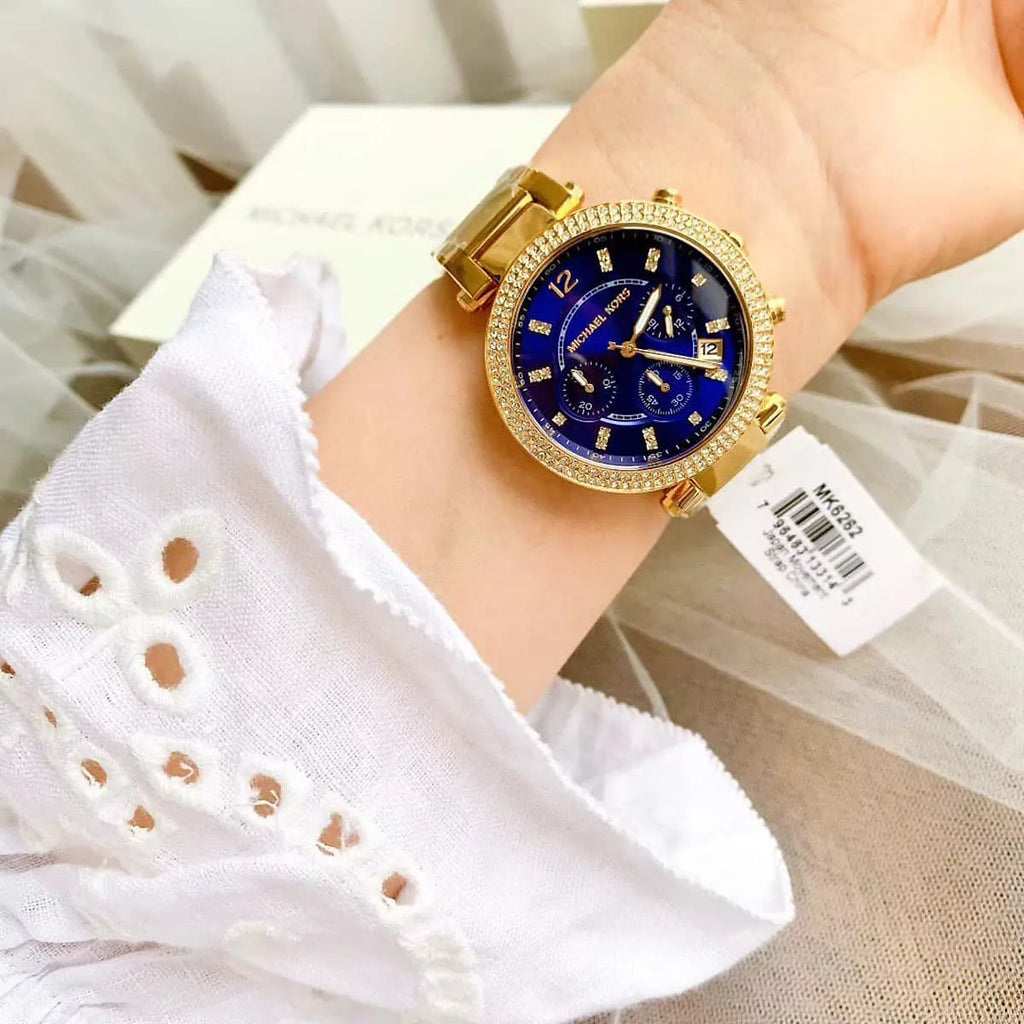 Michael Kors Parker Chronograph Blue Dial Gold Steel Strap Watch