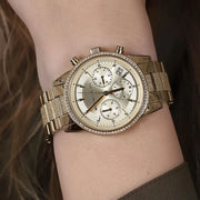 Michael Kors Ritz Chronograph Gold Dial Gold Steel Strap Watch For Women - MK6597