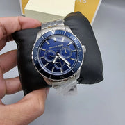 Michael Kors Cunningham Multifunction Blue Dial Silver Steel Strap Watch For Men - MK7153