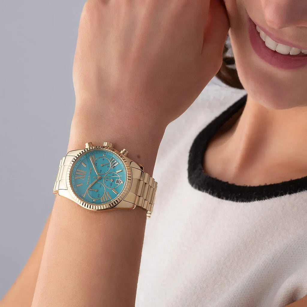 Michael Kors Lexington Chronograph Blue Dial Gold Steel Strap