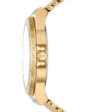 Michael Kors Corey Three Hand Black Dial Gold Steel Strap Watch for Women - MK7345