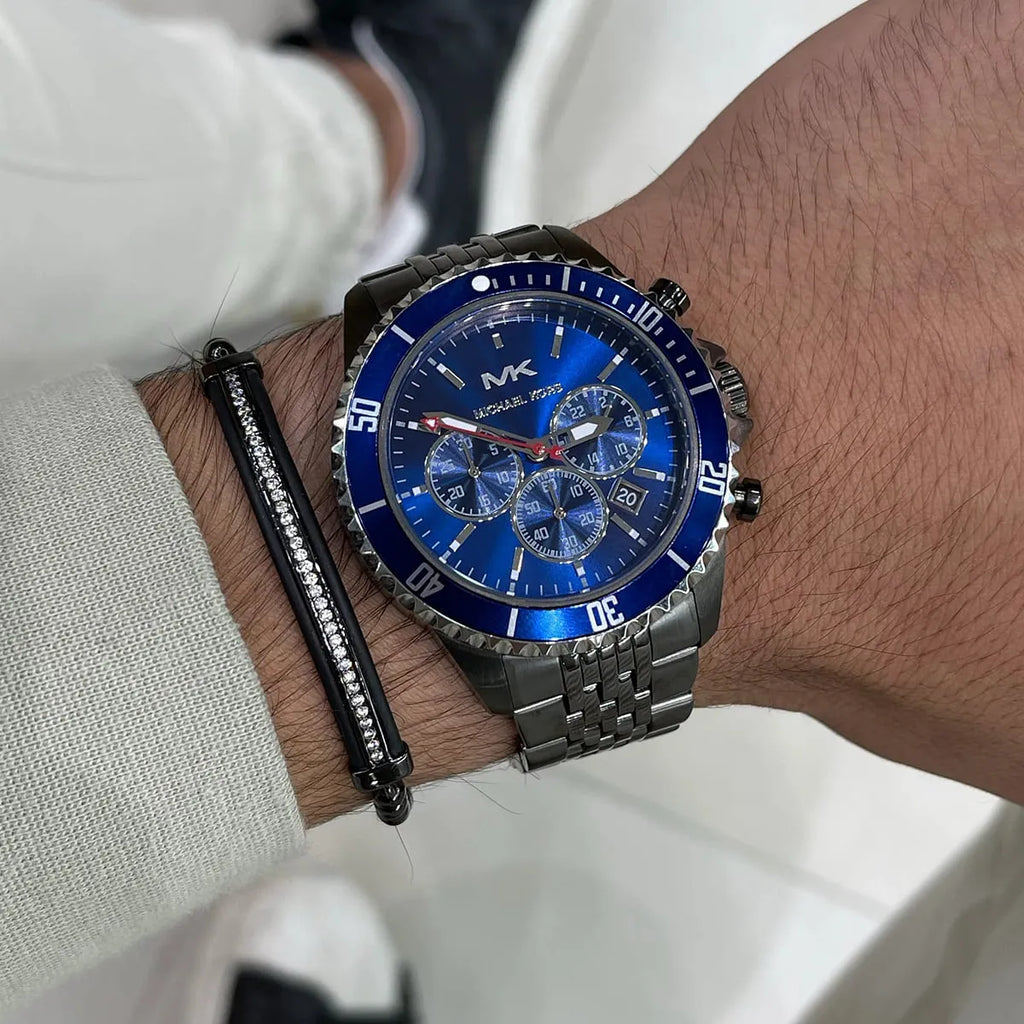 Michael Kors Bayville Chronograph Blue Dial Grey Steel Strap Watch