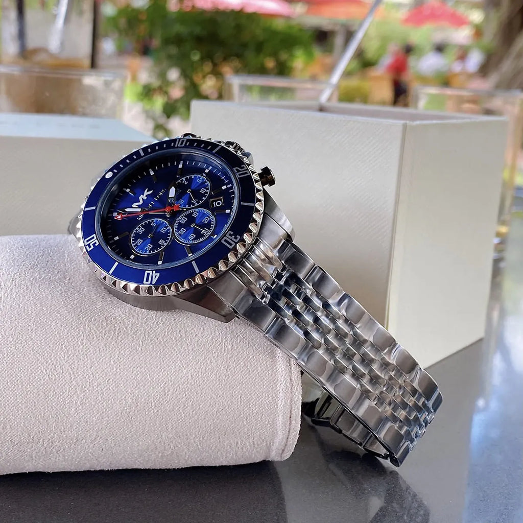 Michael Kors Bayville Chronograph Blue Dial Grey Steel Strap Watch