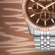 Michael Kors Lexington Chronograph Brown Dial Silver Steel Strap Watch For Men - MK8732