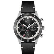 Hugo Boss Globetrotter Chronograph Black Dial Black Leather Strap Watch for Men - 1513864