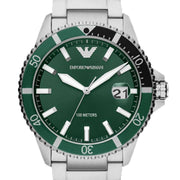 Emporio Armani Three Hand Green Dial Silver Steel Strap Watch For Men - AR11338