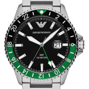 Emporio Armani Sea Explorer GMT Black Dial Silver Steel Strap Watch For Men - AR11589
