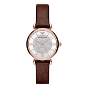 Emporio Armani Gianni T-Bar Silver Dial Brown Leather Strap Watch For Women - AR11269