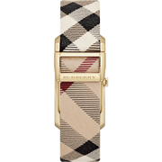 Burberry Pioneer Gold Dial Haymarket Beige Leather Strap Watch for Women - BU9509