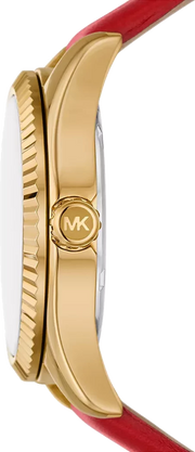 Michael Kors Lexington Three Hand Red Dial Red Leather Strap Watch For Women - MK4747