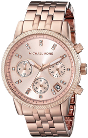 Michael Kors Ritz Chronograph Rose Gold Dial Rose Gold Steel Strap Watch for Women - MK6077