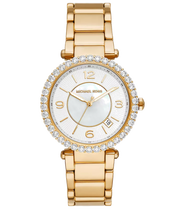 Michael Kors Parker Mother of Pearl White Dial Gold Steel Strap Watch For Women - MK4693