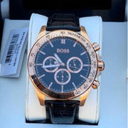 Hugo Boss Ikon Chronograph Black Dial Black Leather Strap Watch for Men - 1513179