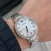 Emporio Armani Cleo Crystals Mother Of Pearl Dial Silver Steel Strap Watch For Women - AR11484