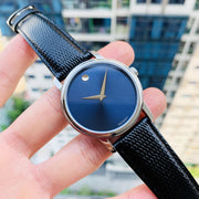 Movado Museum Blue Dial Black Leather Strap Watch For  Men - 2100009