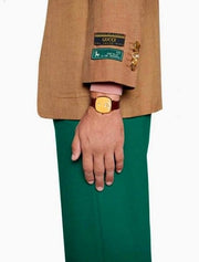 Gucci Grip Yellow Gold Dial Maroon Leather Strap Unisex Watch - YA157411