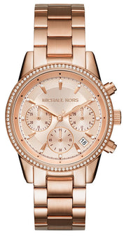 Michael Kors Ritz Chronograph Rose Gold Dial Rose Gold Steel Strap Watch for Women - MK6357