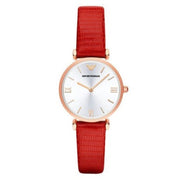Emporio Armani Gianni T Bar Silver Dial Red Leather Strap Watch For Women - AR1876
