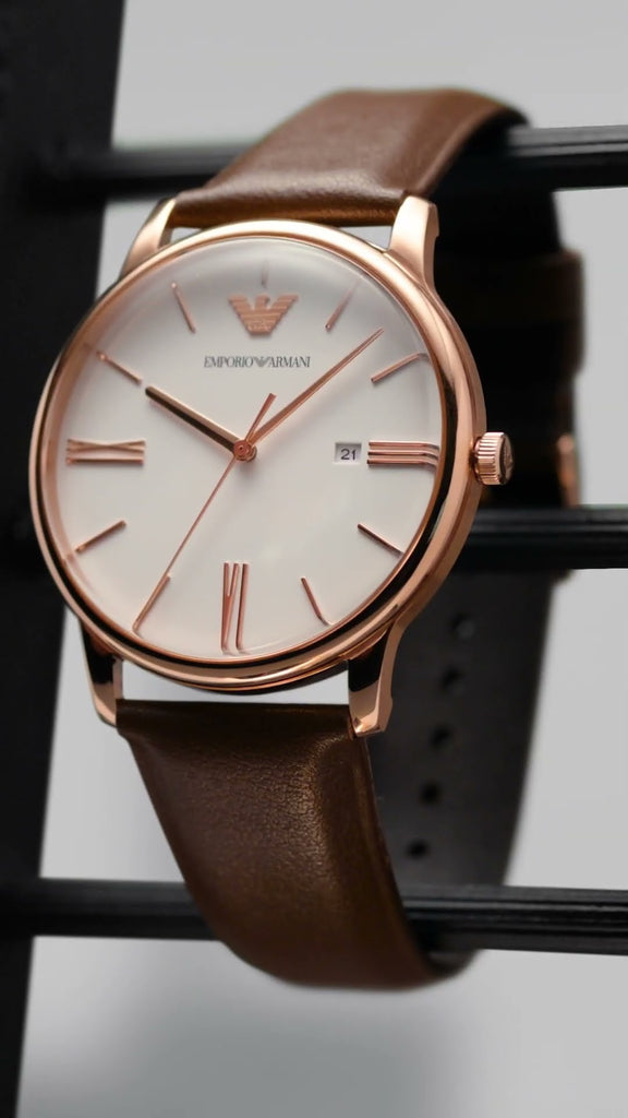 Emporio Armani Minimalist Quartz White Dial Brown Leather Strap