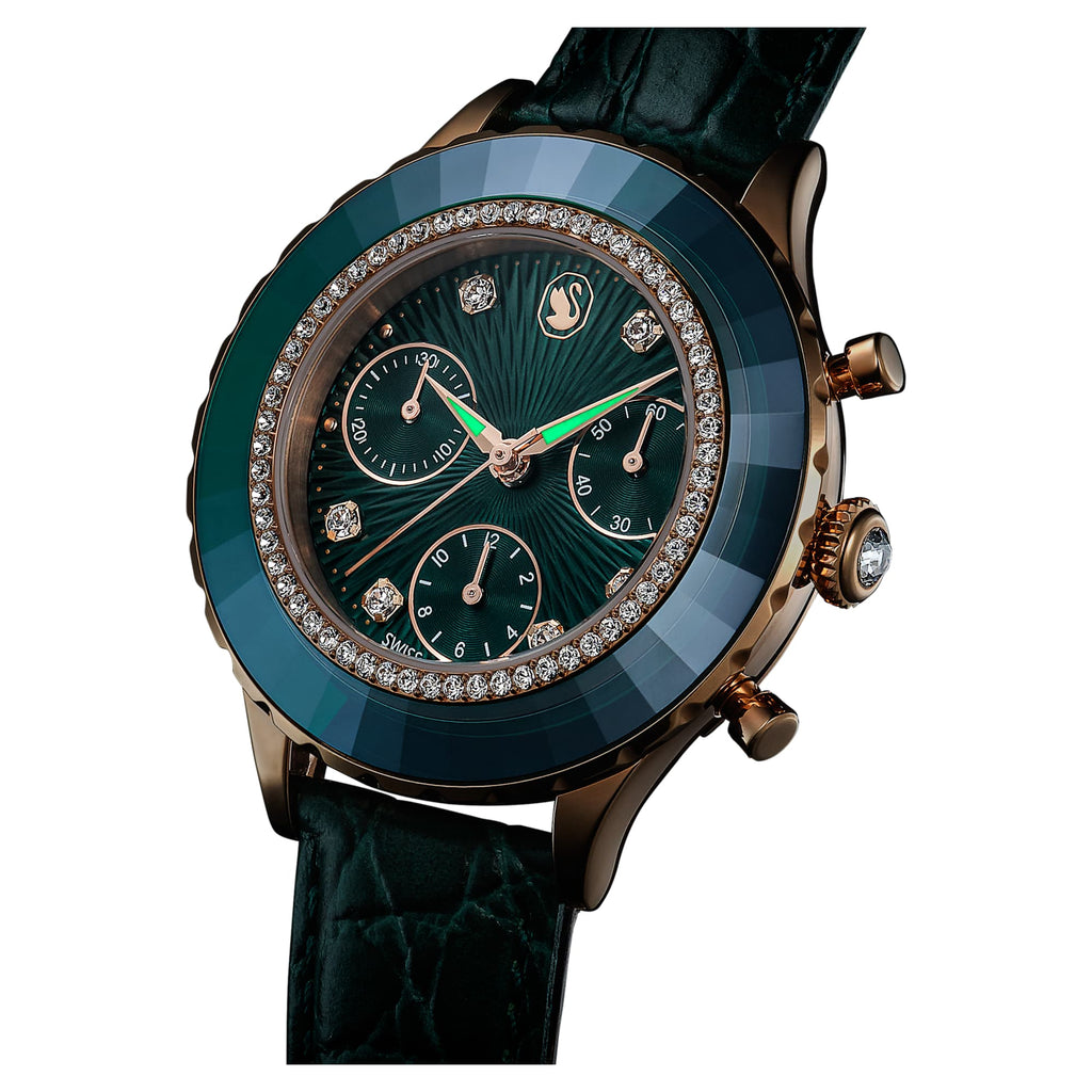 Swarovski Octea Chrono Green Dial Green Leather Strap Watch for Women