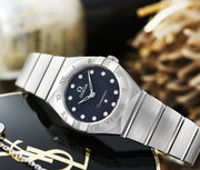 Omega Constellation Manhattan Quartz Diamonds Blue Dial Silver Steel Strap Watch for Women - 131.10.25.60.53.001
