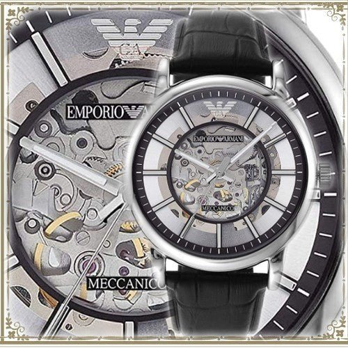 Emporio Armani Luigi Silver Skeleton Dial Black Leather Strap