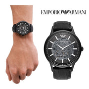 Emporio Armani Meccanico Automatic Skeleton Black Dial Black Leather Strap Watch For Men - AR60042