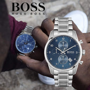 Hugo Boss Skymaster Chronograph Blue Dial Silver Steel Strap Watch for Men - 1513784