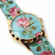 Gucci G Timeless Floral Turquoise Dial Turquoise Leather Strap Watch For Women - YA1264085